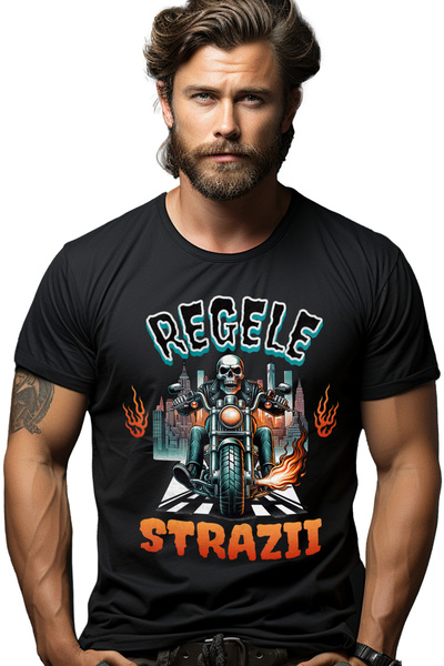 StoryGift Romania Tricou Barbati Schelete Pe Motocicleta Text Regele Strazii Curse Ilegale Cu Imprimeu Pe Fa Stg
