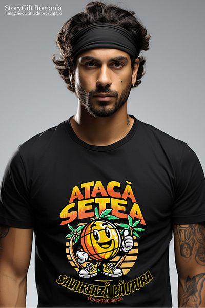 StoryGift Romania Men's T-Shirt Attack Thirst, Enjoy Orange Beach Drink With Front Print, 100% Cotton