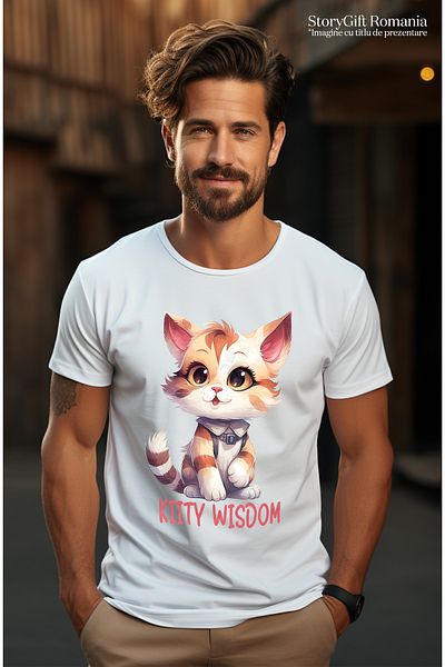 StoryGift Romania Tricou Barbati Cu Pisicuta Vesela Cu Mesajul "kitty Wisdom", Ilustratie, Intelepciune, Int Stg