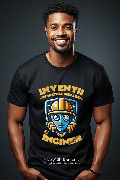StoryGift Romania Tricou Barbati Om Cu Casca De Protectie Text In Spatele Fiecarei Inventii, E Un Inginer Custg