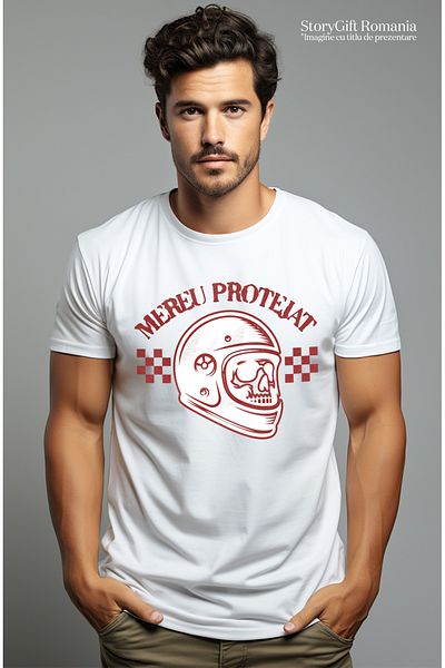StoryGift Romania Tricou Barbati Mereu Protejat Craniu Cu Casca Siguranta Viteza Cu Imprimeu Pe Fata, 100% Stg