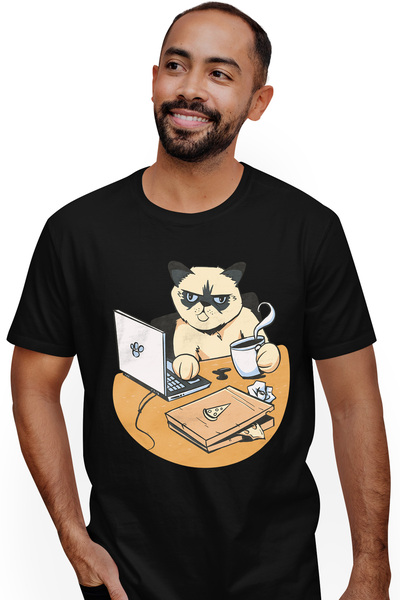 StoryGift Romania Tricou Barbati Cu Pisica Work From Home, Motan Cu Ceasca De...