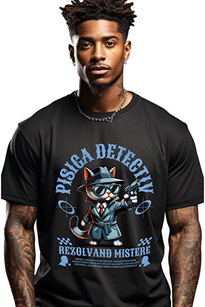 StoryGift Romania Tricou Barbati Pisica Detectiv Rezolvand Mistere - Sherlock Cat Cu Imprimeu Pe Fata, 100% Stg