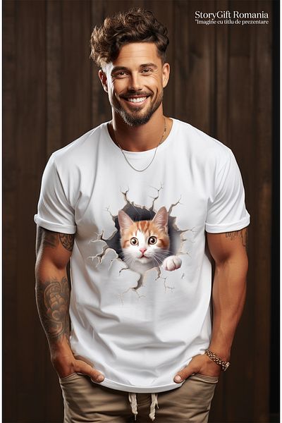 StoryGift Romania Men's T-Shirt With Orange And White Cat Coming Out Of The Wall, Adorable, Animals, Sweetheart Stg