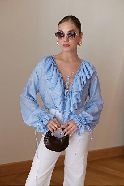 Askı Nişantaşı Baby Blue V-Neck Ruffle Detailed Shirt