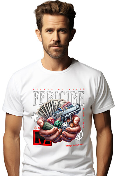 StoryGift Romania Tricou Barbati Averea Nu Aduce Fericire, Zaruri, Bani, Arma...