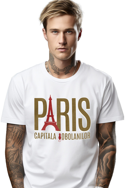 StoryGift Romania Tricou Barbati Turnul Eiffel Paris Oras Text Capitala Sobolanilor Cu Imprimeu Pe Fata, 100 Stg