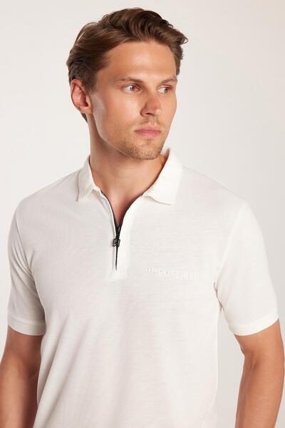 Tudors Men's Standard Fit Regular Cut Cotton Zippered Printed Basic White Polo Neck T-Shirt