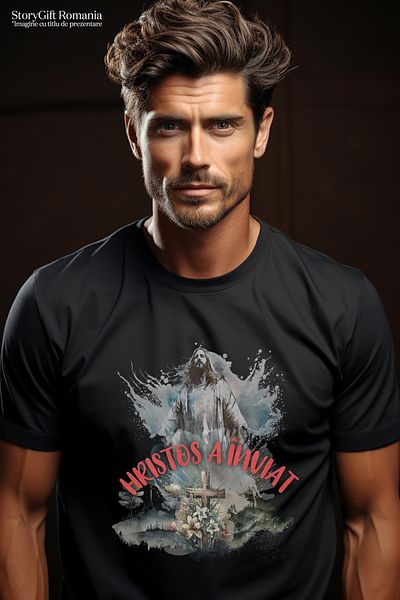 StoryGift Romania Tricou Barbati Hristos A Înviat Issus In Cer Paste Sarbatori Cu Imprimeu Pe Fata, 100% Bumstg