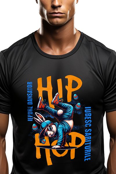 StoryGift Romania Tricou Barbati Iepure Facand Breakdance Paste Haios Cu Imprimeu Pe Fata, 100% Bumbac, Negstg