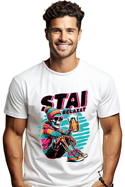 StoryGift Romania Tricou Barbati Schelete Cu Bere Si Ochelarii Stai Relaxat C...