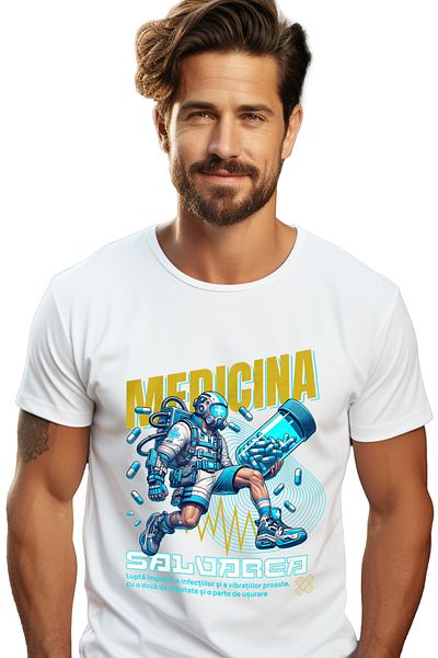 StoryGift Romania Tricou Barbati Medicina Salvarea Omenirii Santate Om Cu Pastile Cu Imprimeu Pe Fata, 100% Stg