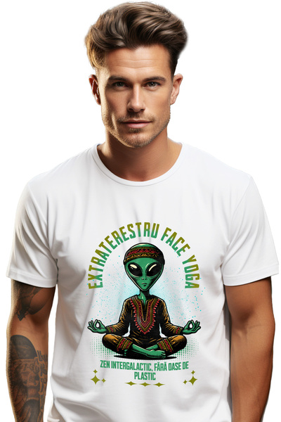 StoryGift Romania Tricou Barbati Exstraterestru Facand Yoga, Zen Intergalacti...
