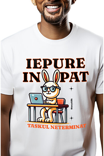 StoryGift Romania Tricou Barbati Iepure Lucreaza De Acasa In Pat Task Netermi...