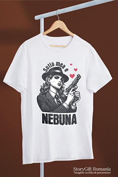 StoryGift Romania Men's T-Shirt Woman With Gun Powerful Funny Text My Wife Is Crazy With Print On Left