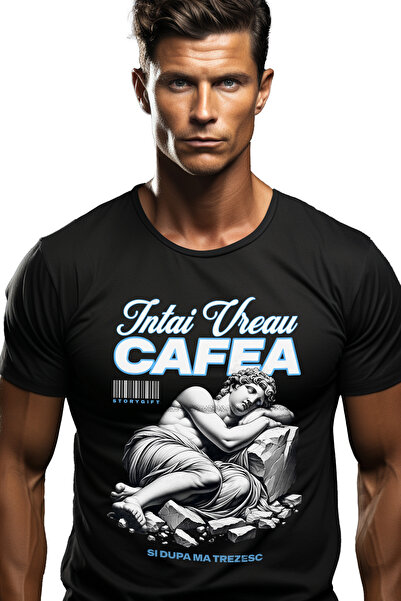 StoryGift Romania Men's T-Shirt First I Want Coffee and Then I Wake Up with P...