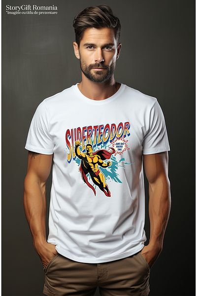 StoryGift Romania Men's T-Shirt Super Teodor, Superhero I'm Here For You With Print On The Front, 100% Bum Stg