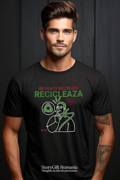 StoryGift Romania Tricou Barbati Se Poate Reutiliza Reciclare Poluare Plastic Cu Imprimeu Pe Fata, 100% Bumb Stg