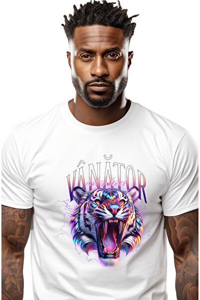 StoryGift Romania Tricou Barbati Leu Furios Cu Colti Tigru Vanator Din Instin...