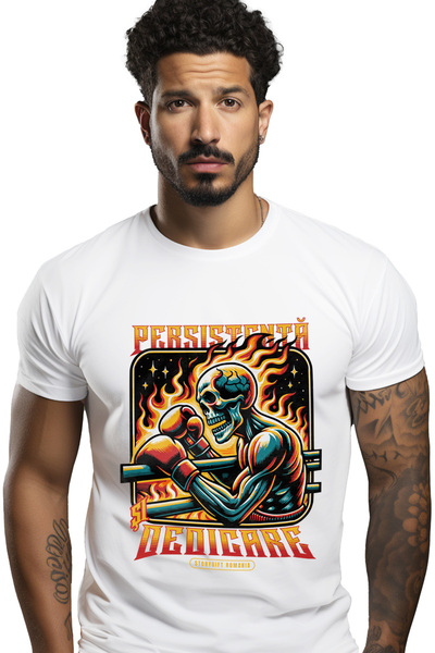 StoryGift Romania Tricou Barbati Schelete Uman Box In Flacari Persistenta Cu Imprimeu Pe Fata, 100% Bumbac, Stg