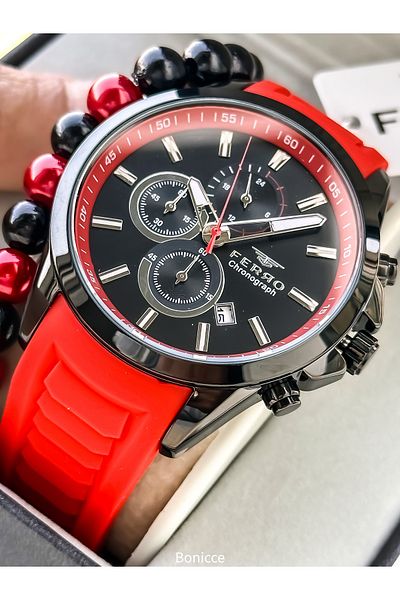 FERRO Men's Watch, Silicone Cord in Stylish Box, Active Functions, Red Color, Bracelet with Calendar as a Gift