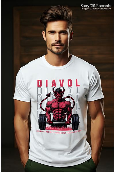 StoryGift Romania Men's T-shirt Devil lifting weights. Ignite your passion. Bodybuilding with print on