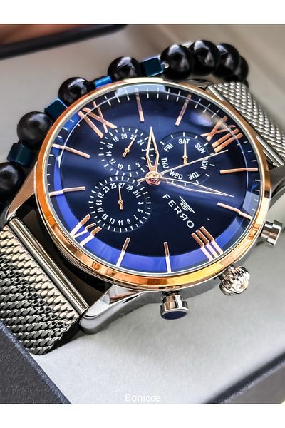 FERRO Men's Watch, Active Functions, Silver Navy Blue Color, Calendar, Bracelet Gift in Gift Box