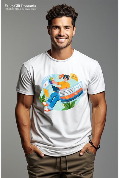 StoryGift Romania Men's T-Shirt With Headphones, Laptop, Screen, Plants, Controller, Games, Video Clips, with STG print