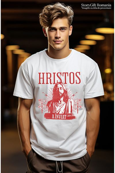 StoryGift Romania Tricou Barbati Hriatos A Inviat Paste Sarbatori Pascale Oua Iepure Cu Imprimeu Pe Fata, 10stg