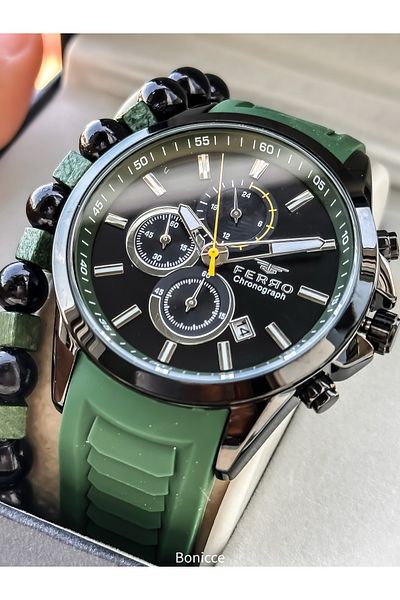 FERRO Men's Watch, Silicone Cord, Active Functions, Green Color, Calendar Bracelet Gift