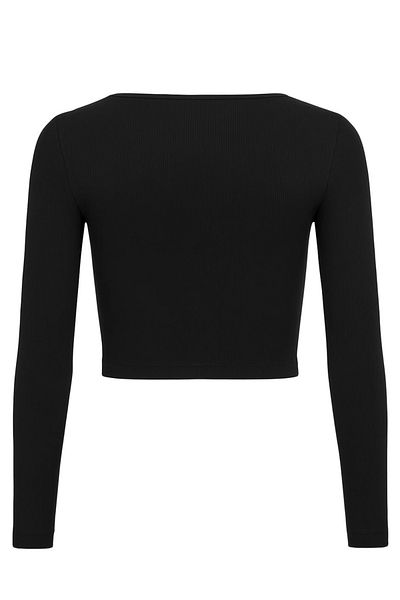 FLAST Women's Black Square Neck Long Sleeve Fit Sia Rib Organic Cotton Fabric Crop Top Blouse