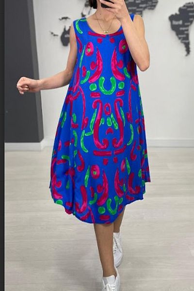 AYASOFYA OTANTIK Rochie midi fără mâneci cu model etnic albastru fucsia