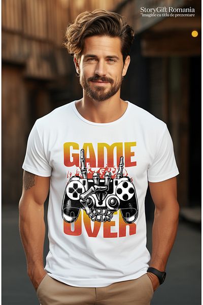 StoryGift Romania Men's T-Shirt Video Game Controller and Skeleton Hand Game Over with Front Print, 1stg