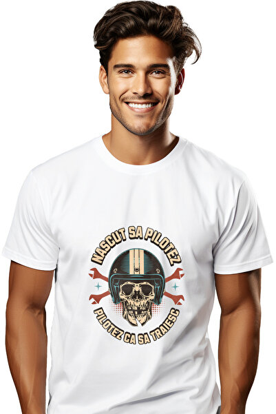StoryGift Romania Tricou Barbati Nascut Sa Pilotez Pilotez Sa Traiesc Schelete Cu Casca Cu Imprimeu Pe Fata,stg