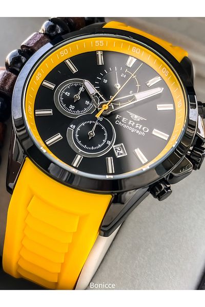 FERRO Men's Watch, Silicone Cord, Active Functions, Yellow Color, Calendar Bracelet Gift