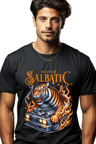 StoryGift Romania Tricou Barbati Motor Salbatic Tigru Masina In Flacari Viteza Cu Imprimeu Pe Fata, 100% Bumstg