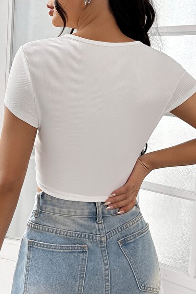 LUMİART Women's White Half Sleeve Straight Collar Crop Top Blouse