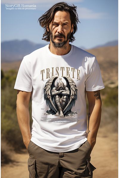 StoryGift Romania Tricou Barbati Tristete - Inger Cazut Cu Mesaj Motivational Cu Imprimeu Pe Fata, 100% Bumb Stg