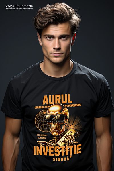 StoryGift Romania Men's T-Shirt Golden Skeletons With Glasses Text Gold Safe Investment With Print On Left F