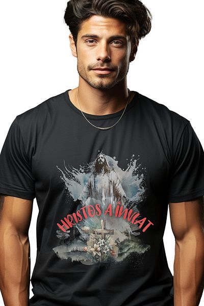 StoryGift Romania Tricou Barbati Hristos A Înviat Issus In Cer Paste Sarbatori Cu Imprimeu Pe Fata, 100% Bumstg