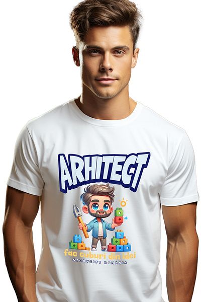 StoryGift Romania Tricou Barbati Arhitect Text Fac Cuburi Din Idei Inspiratie Desen Cu Imprimeu Pe Fata, 100 Stg