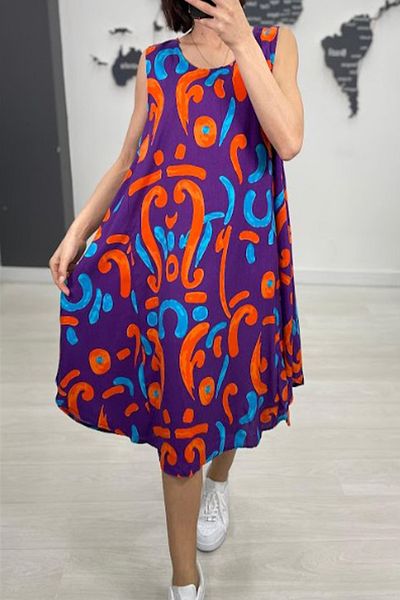 AYASOFYA OTANTIK Women's Purple Ethnic Patterned Sleeveless Midi Dress
