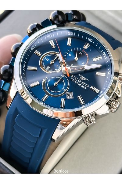 FERRO Men's Watch, Silicone Cord, Active Functions, Navy Blue Color, Calendar Bracelet Gift