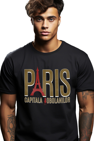 StoryGift Romania Tricou Barbati Turnul Eiffel Paris Oras Text Capitala Sobolanilor Cu Imprimeu Pe Fata, 100 Stg