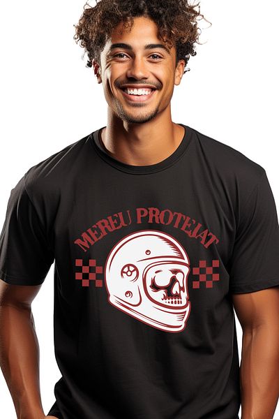 StoryGift Romania Tricou Barbati Mereu Protejat Craniu Cu Casca Siguranta Viteza Cu Imprimeu Pe Fata, 100% Stg