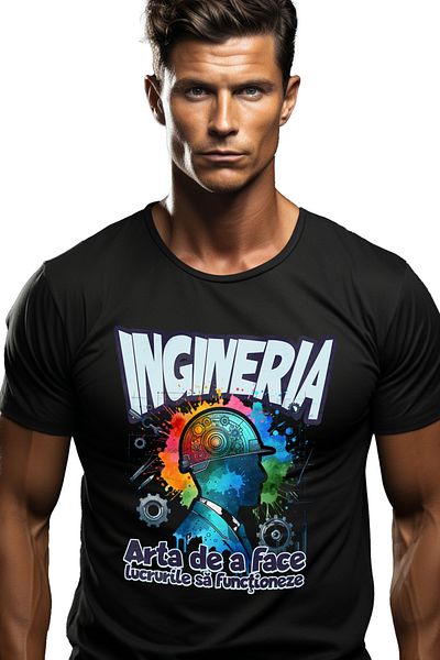 StoryGift Romania Tricou Barbati Silueta Barbat Cu Casca Protectie Text Ingineria Cu Imprimeu Pe Fata, 100% Stg