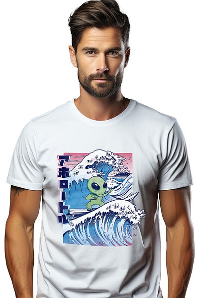 StoryGift Romania Tricou Barbati Extraterestru, Surfing, Valuri Mari, Plaja, Cu Imprimeu Pe Fata, 100% Bumbstg