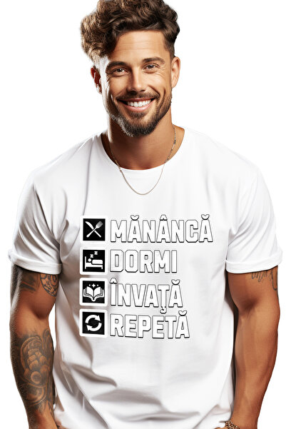 StoryGift Romania Tricou Barbati Mananca Dormi Invata Repeta Studiat Scoala C...