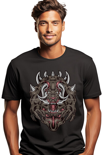 StoryGift Romania Tricou bărbătesc cu monstru, coarne, colți, gheare, fantezie, cu imprimeu pe față, 100% bumbac