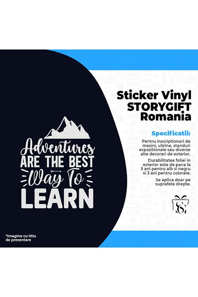 StoryGift Romania Sticker Label 50CM Exterior with mountains and the message "Adventures are the best way to learn" - av